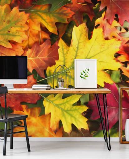 green and orange customizable leaf wallpaper mural called Colorful Autumn Oak Leaves