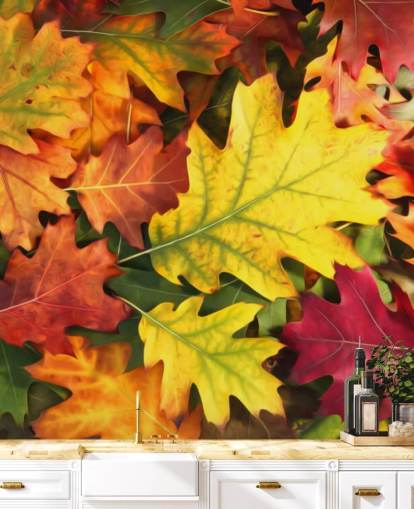 green and orange customisable leaf wallpaper mural called Colourful Autumn Oak Leaves