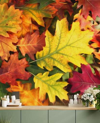 mural de papel pintado con hojas personalizables de color verde y naranja llamado Colourful Autumn Oak Leaves