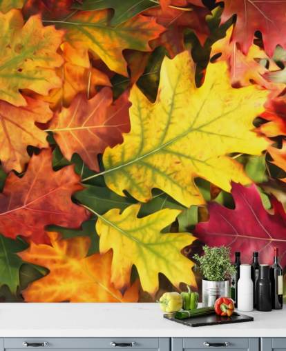 green and orange customisable leaf wallpaper mural called Colourful Autumn Oak Leaves
