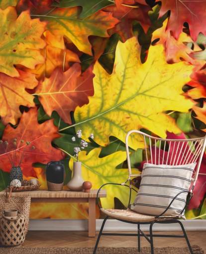 green and orange customizable leaf wallpaper mural called Colorful Autumn Oak Leaves