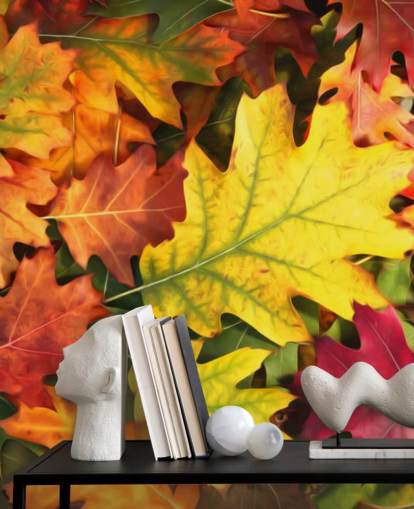 green and orange customisable leaf wallpaper mural called Colourful Autumn Oak Leaves