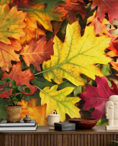 mural de papel pintado con hojas personalizables de color verde y naranja llamado Colourful Autumn Oak Leaves mural de papel pintado con hojas personalizables de color verde y naranja llamado Colourful Autumn Oak Leaves