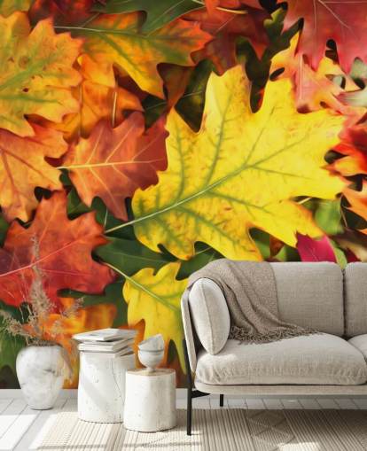 grøn og orange tilpasselig bladtapet vægmaleri kaldet Colourful Autumn Oak Leaves