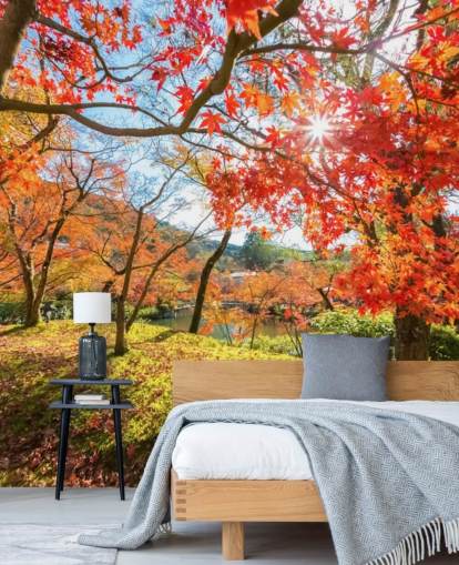 red and green customizable forest wallpaper mural called Autumn Scene with Red Trees for living rooms and dining rooms red and green customizable forest wallpaper mural called Autumn Scene with Red Trees for living rooms and dining rooms