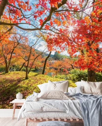 red and green customizable forest wallpaper mural called Autumn Scene with Red Trees for living rooms and dining rooms