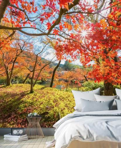 red and green customisable forest wallpaper mural called Autumn Scene with Red Trees for living rooms and dining rooms