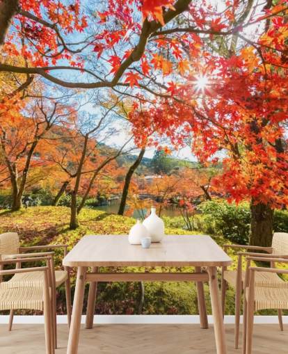 carta da parati murale personalizzabile rossa e verde chiamata Autumn Scene with Red Trees per salotti e sale da pranzo