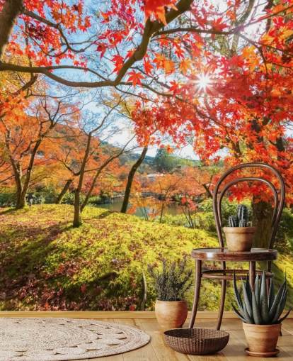 mural de papel pintado de bosque personalizable rojo y verde llamado Escena de otoño con árboles rojos para salas de estar y comedores mural de papel pintado de bosque personalizable rojo y verde llamado Escena de otoño con árboles rojos para salas de estar y comedores