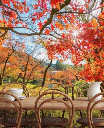 mural de papel pintado de bosque personalizable rojo y verde llamado Escena de otoño con árboles rojos para salas de estar y comedores
