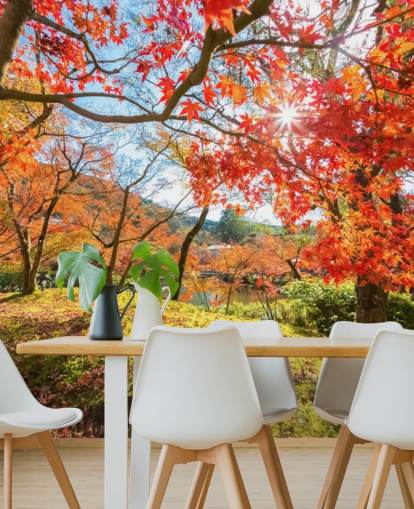 red and green customizable forest wallpaper mural called Autumn Scene with Red Trees for living rooms and dining rooms