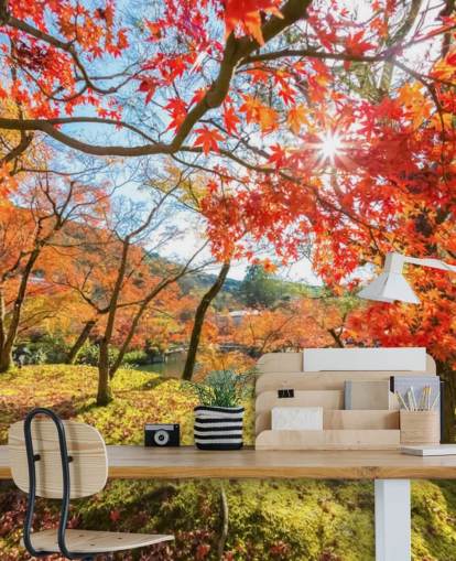 red and green customisable forest wallpaper mural called Autumn Scene with Red Trees for living rooms and dining rooms