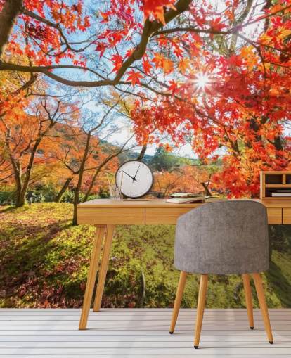 red and green customisable forest wallpaper mural called Autumn Scene with Red Trees for living rooms and dining rooms