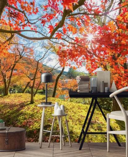 Wandbild „Herbstliche Szene mit roten Bäumen“, personalisierbar, Rot und Grün, für Wohn- und Esszimmer