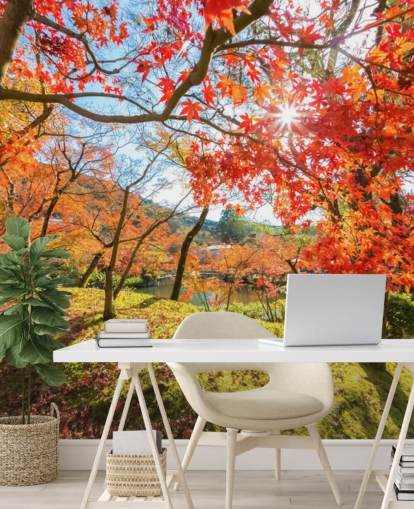 red and green customisable forest wallpaper mural called Autumn Scene with Red Trees for living rooms and dining rooms