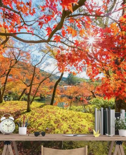 carta da parati murale personalizzabile rossa e verde chiamata Autumn Scene with Red Trees per salotti e sale da pranzo