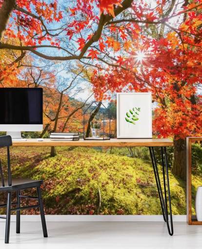 Wandbild „Herbstliche Szene mit roten Bäumen“, personalisierbar, Rot und Grün, für Wohn- und Esszimmer