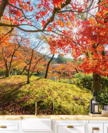 mural de papel pintado de bosque personalizable rojo y verde llamado Escena de otoño con árboles rojos para salas de estar y comedores