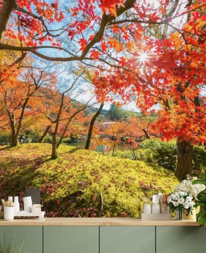red and green customizable forest wallpaper mural called Autumn Scene with Red Trees for living rooms and dining rooms