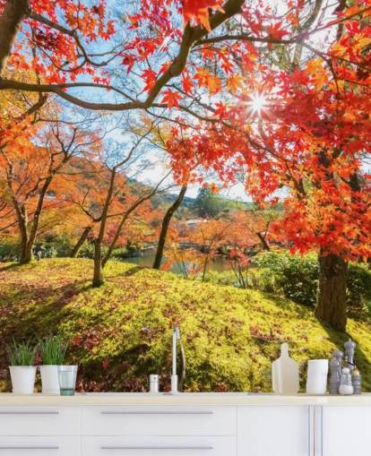 rødt og grønt tilpasseligt skovtapet vægmaleri kaldet Autumn Scene with Red Trees til stuer og spisestuer rødt og grønt tilpasseligt skovtapet vægmaleri kaldet Autumn Scene with Red Trees til stuer og spisestuer