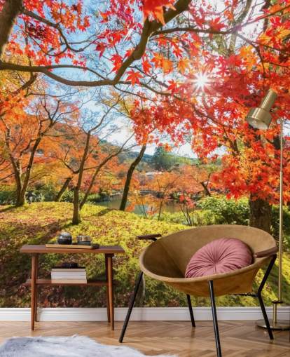 mural de papel pintado de bosque personalizable rojo y verde llamado Escena de otoño con árboles rojos para salas de estar y comedores