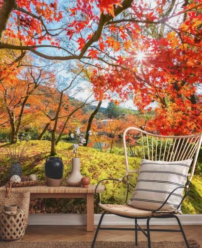 mural de papel pintado de bosque personalizable rojo y verde llamado Escena de otoño con árboles rojos para salas de estar y comedores