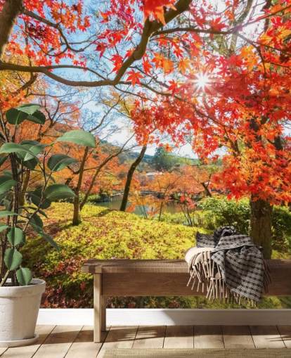 mural de papel de parede florestal personalizável vermelho e verde chamado Autumn Scene with Red Trees para salas de estar e salas de jantar
