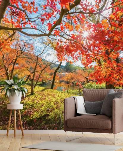 röd och grön anpassningsbar skogstapetväggmålning kallad Autumn Scene with Red Trees för vardagsrum och matsalar röd och grön anpassningsbar skogstapetväggmålning kallad Autumn Scene with Red Trees för vardagsrum och matsalar