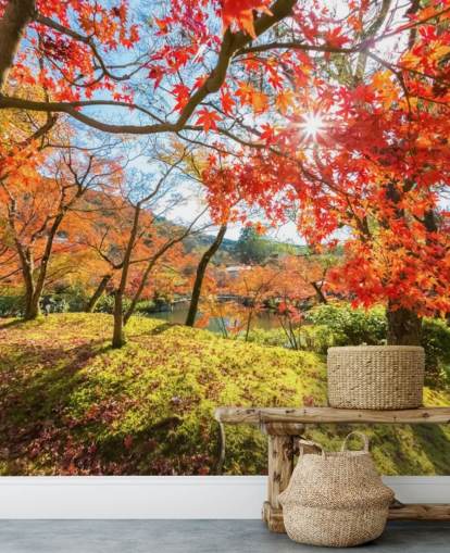 Wandbild „Herbstliche Szene mit roten Bäumen“, personalisierbar, Rot und Grün, für Wohn- und Esszimmer Wandbild „Herbstliche Szene mit roten Bäumen“, personalisierbar, Rot und Grün, für Wohn- und Esszimmer