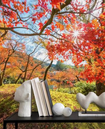 red and green customizable forest wallpaper mural called Autumn Scene with Red Trees for living rooms and dining rooms