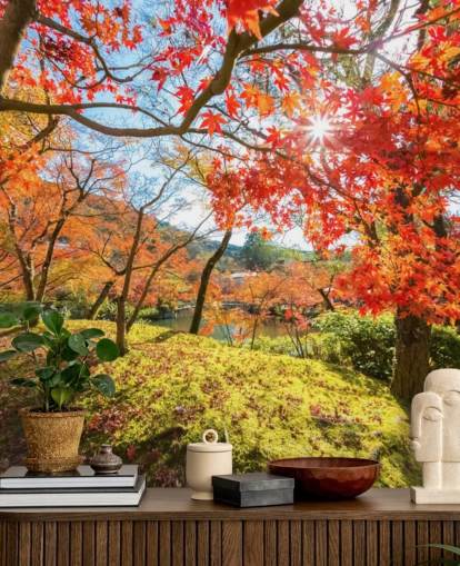 red and green customisable forest wallpaper mural called Autumn Scene with Red Trees for living rooms and dining rooms
