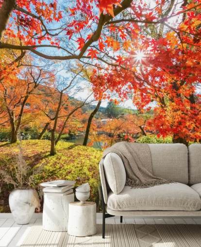 mural de papel pintado de bosque personalizable rojo y verde llamado Escena de otoño con árboles rojos para salas de estar y comedores mural de papel pintado de bosque personalizable rojo y verde llamado Escena de otoño con árboles rojos para salas de estar y comedores