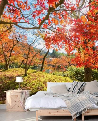 red and green customizable forest wallpaper mural called Autumn Scene with Red Trees for living rooms and dining rooms