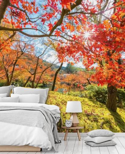 mural de papel pintado de bosque personalizable rojo y verde llamado Escena de otoño con árboles rojos para salas de estar y comedores