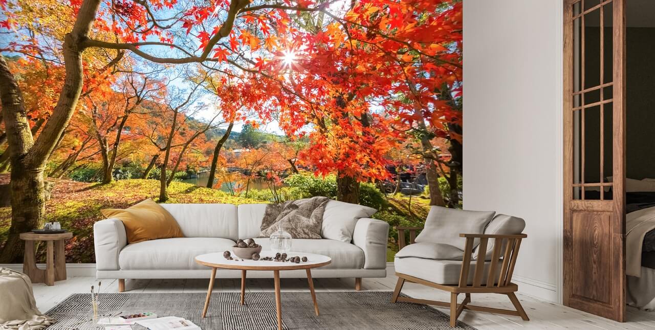 Autumn Scene with Red Trees Wallpaper | Wallsauce US