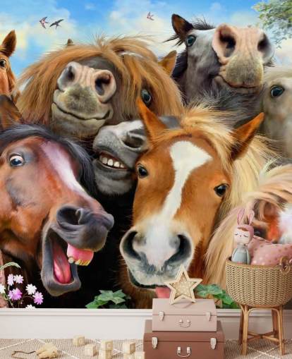 cavalos engraçados fazendo um papel de parede de selfie