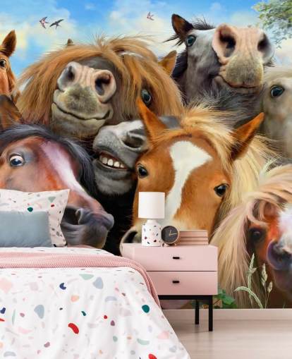cavalos engraçados fazendo um papel de parede de selfie