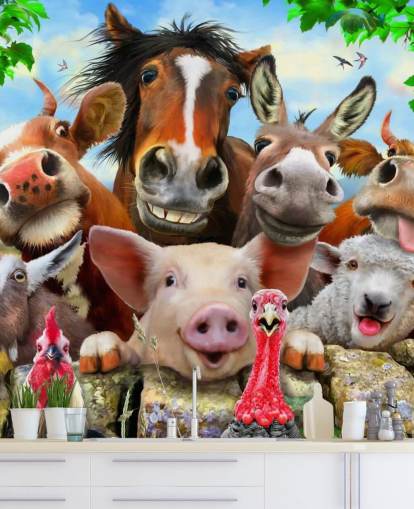 Carta da parati carina e divertente con animali da fattoria