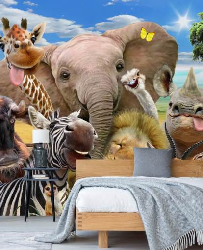 kleurrijk aanpasbaar dierenbehang genaamd Africa Selfie van Howard Robinson voor de kinderkamer kleurrijk aanpasbaar dierenbehang genaamd Africa Selfie van Howard Robinson voor de kinderkamer