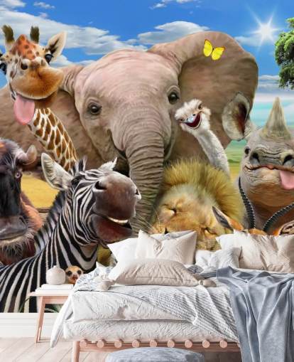 Howard Robinsonin värikäs muokattava eläintaustakuva nimeltä Africa Selfie lasten makuuhuoneeseen