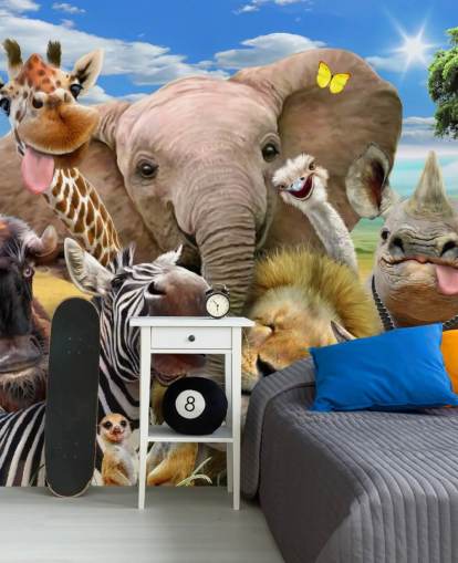 colourful customisable animal wallpaper called Africa Selfie by Howard Robinson for kid's bedroom
