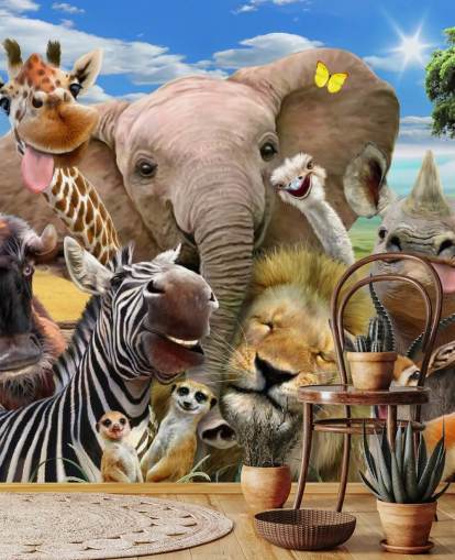 colourful customisable animal wallpaper called Africa Selfie by Howard Robinson for kid's bedroom