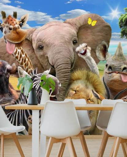 kleurrijk aanpasbaar dierenbehang genaamd Africa Selfie van Howard Robinson voor de kinderkamer