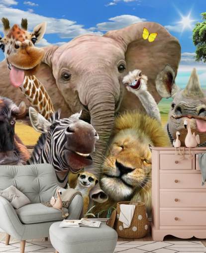 Howard Robinsonin värikäs muokattava eläintaustakuva nimeltä Africa Selfie lasten makuuhuoneeseen