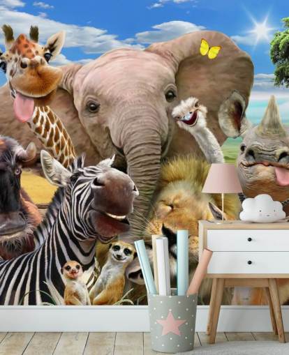 papel de parede colorido de animais personalizável chamado Africa Selfie de Howard Robinson para quarto infantil