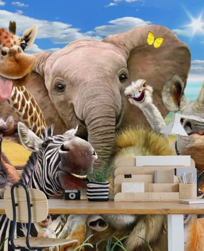 Howard Robinsonin värikäs muokattava eläintaustakuva nimeltä Africa Selfie lasten makuuhuoneeseen Howard Robinsonin värikäs muokattava eläintaustakuva nimeltä Africa Selfie lasten makuuhuoneeseen