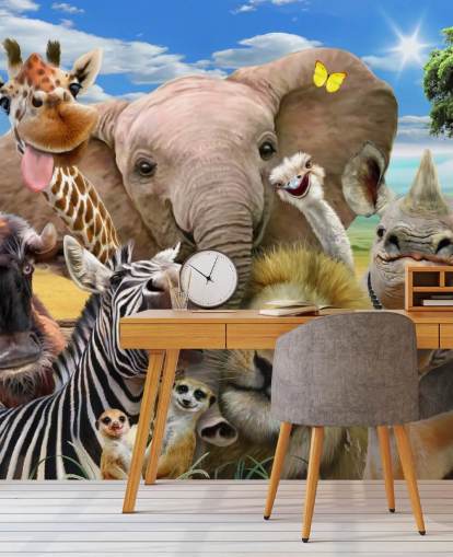 Howard Robinsonin värikäs muokattava eläintaustakuva nimeltä Africa Selfie lasten makuuhuoneeseen