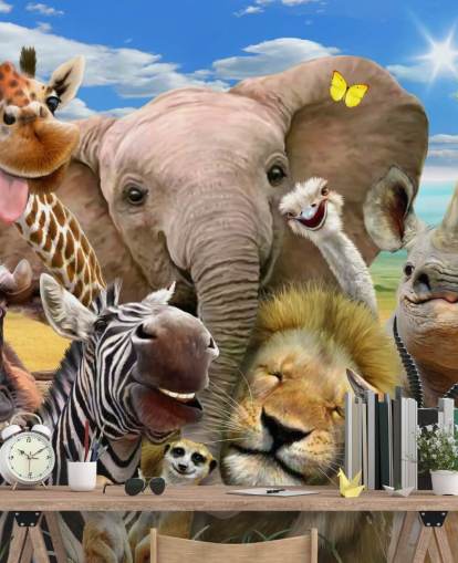 colorido papel pintado de animales personalizable llamado Africa Selfie de Howard Robinson para dormitorio infantil colorido papel pintado de animales personalizable llamado Africa Selfie de Howard Robinson para dormitorio infantil