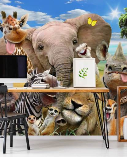 kleurrijk aanpasbaar dierenbehang genaamd Africa Selfie van Howard Robinson voor de kinderkamer