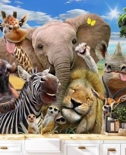 kleurrijk aanpasbaar dierenbehang genaamd Africa Selfie van Howard Robinson voor de kinderkamer